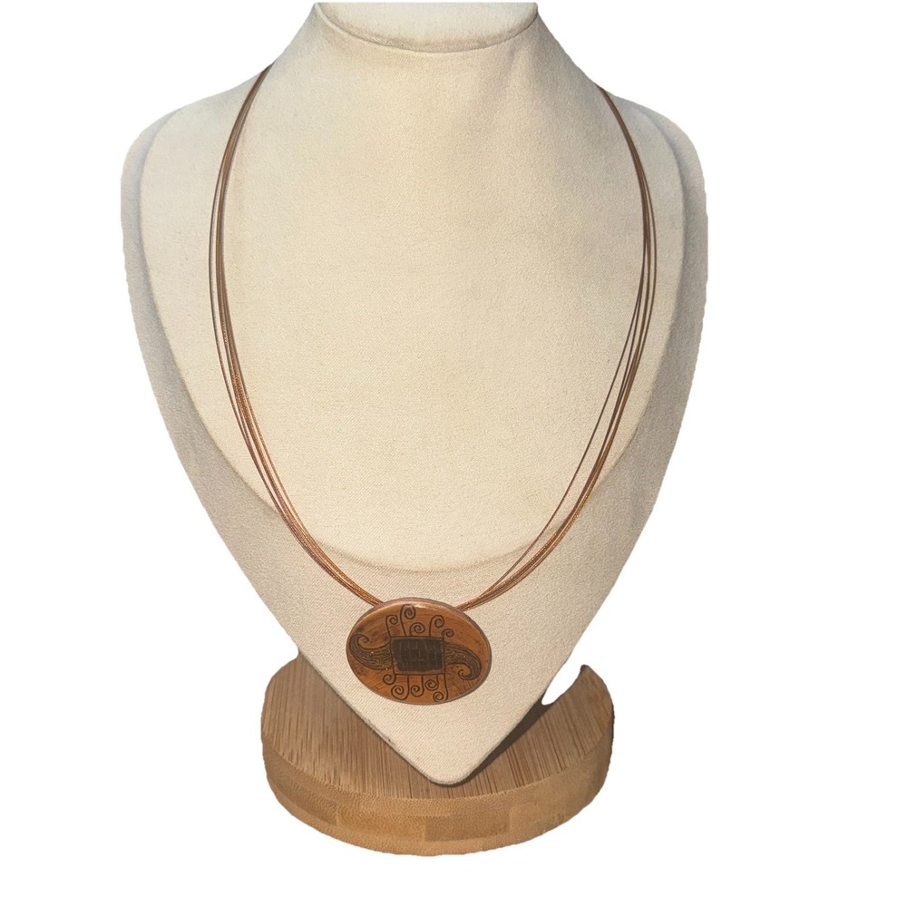 Boho Style Oval Lightweight Natural Wood Engraved DesignPendant Necklace Brown